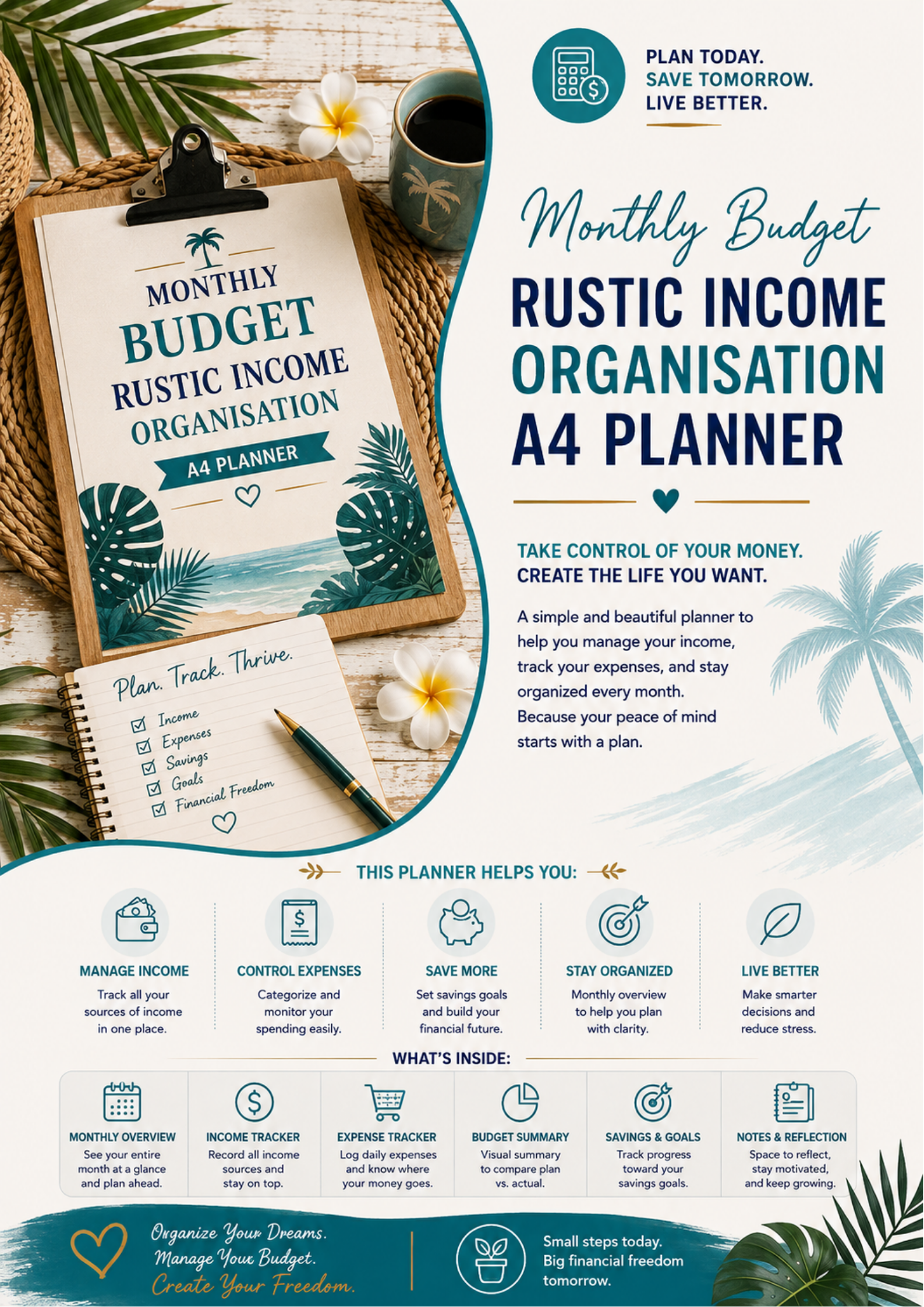 Monthly Budget Rustic Income Organisation A4 Planner