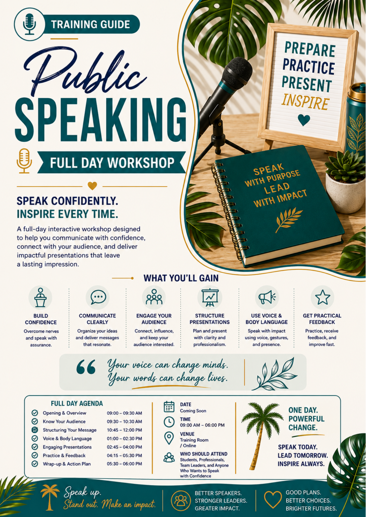 Public Speaking Learner Guide Template | Editable 6-Hour Public Speaking & Presentation Skills Workshop Workbook